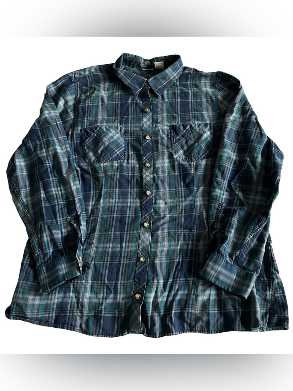 LL Bean Women's Large Flannel Shirt Blue Plaid Cotton Button Up 264495